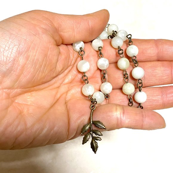 Natural Pale Green Serpentine Necklace, Bronze Leaf Branch + Genuine Gemstone - Picture 8 of 14